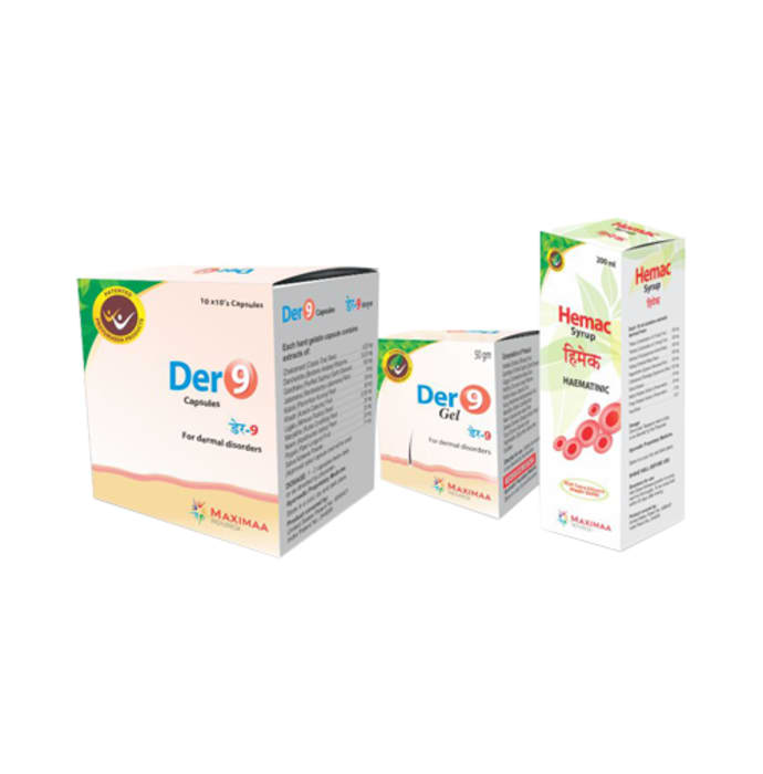 Proyurveda skin care combo pack of der 9, 100caps & hemac syrup, 200ml & der 9 gel, 50gm