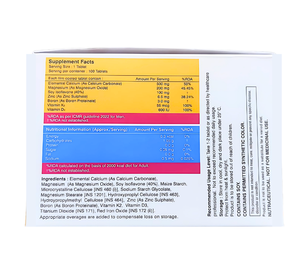 Calcium, Vitamin D3, Vitamin K2, Zinc, Soy Isoflavone