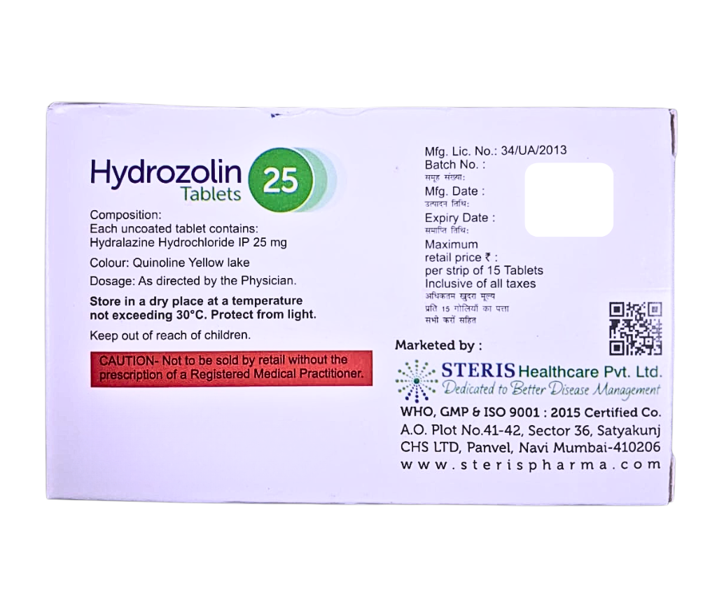 Buy Hydralazine Hcl 25mg Tablets Online | HYDROZOLIN 25 Steris Healthcare