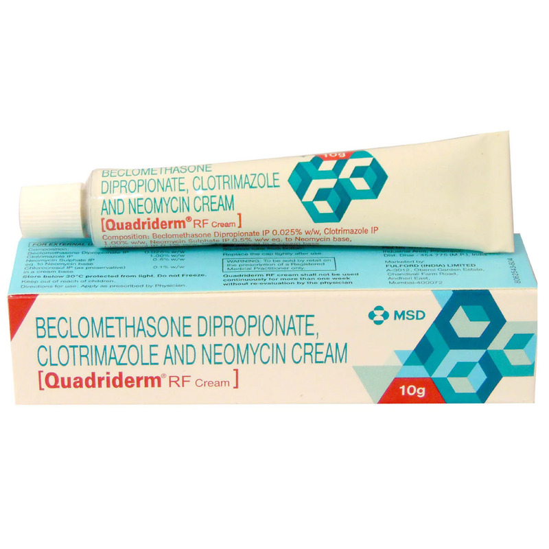 Quadriderm RF Cream 10g contains Beclometasone 0.025% w/w, Neomycin 0.5% w/w, Clotrimazole 1% w/w