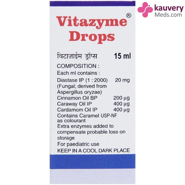 Vitazyme Drops 15ml contains Fungal Diastase, Cinnamon Oil, Caraway Oil, Cardamom Oil