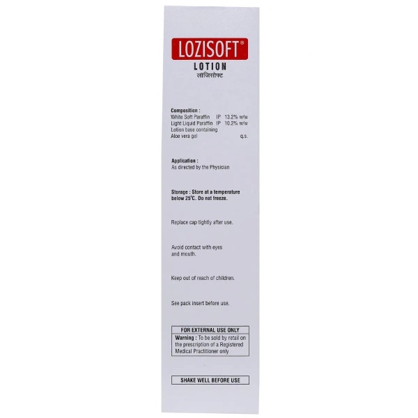 Lozisoft Lotion 200ml contains White soft paraffin 13.2% w/w, Light liquid paraffin 10.2% w/w
