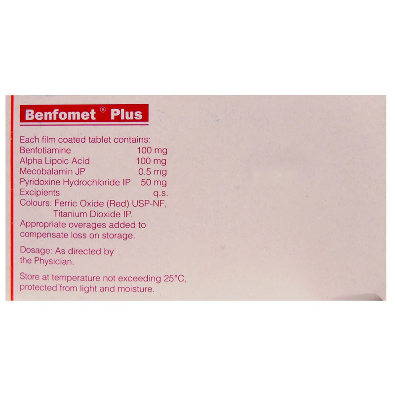 Benfomet Plus Tablet contains Benfotiamine, Mecobalamin, Alpha-Lipoic Acid, and Pyridoxine
