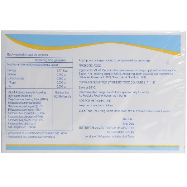 VSL 3 Capsule contains Live Freeze Dried Lactic Acid Bacteria and Bifidobacteria 112.5 Billion CFU