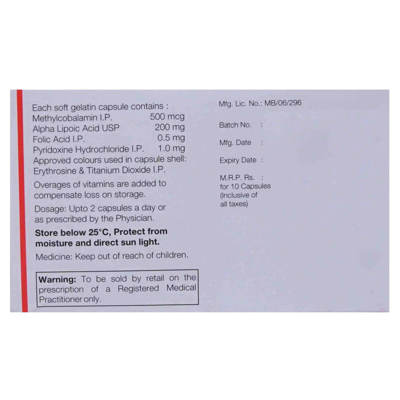 Nervup Forte contains Alpha Lipoic Acid 200mg, Folic Acid 0.5mg, Methylcobalamin 500mcg, Pyridoxine 1mg