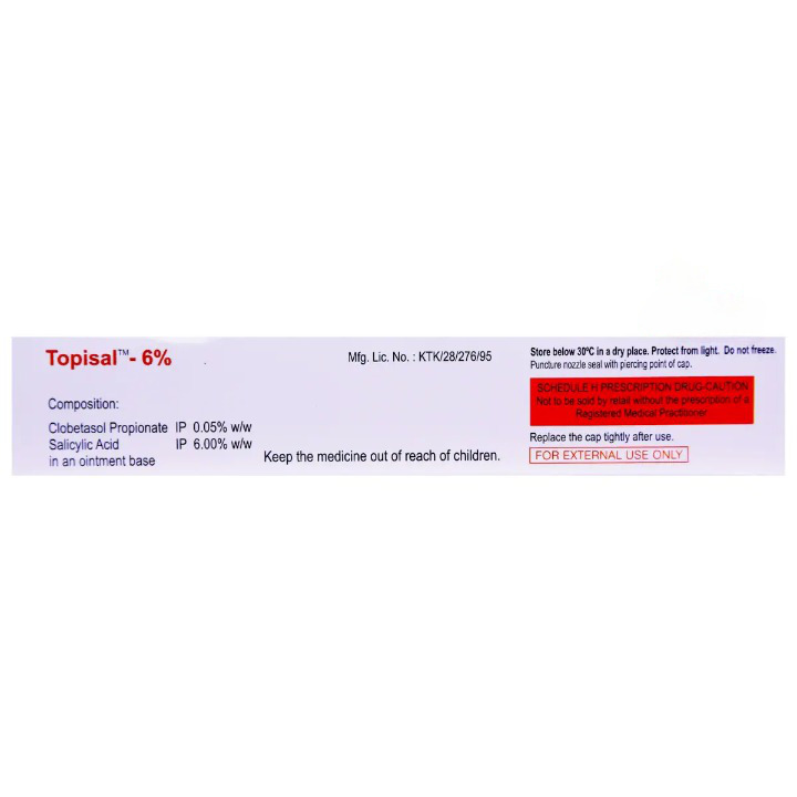 Topisal-6% Ointment 30g contains Clobetasol 0.05% w/w, Salicylic Acid 6% w/w