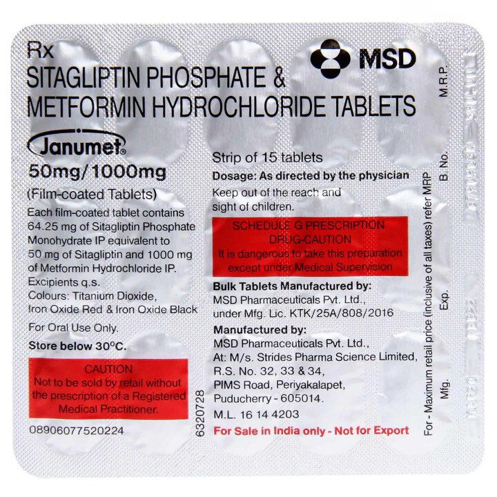 Janumet 50mg/1000mg Tablet 15's Check Price, Uses, Side Effects
