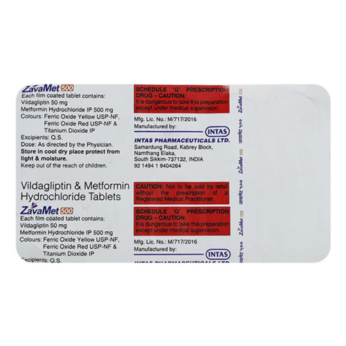 ZavaMet 500 Tablet 10's used for the treatment of type 2 diabetes mellitus