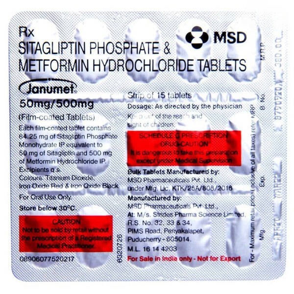 Janumet 50mg/500mg Tablet 15's Check Price, Uses, Side Effects